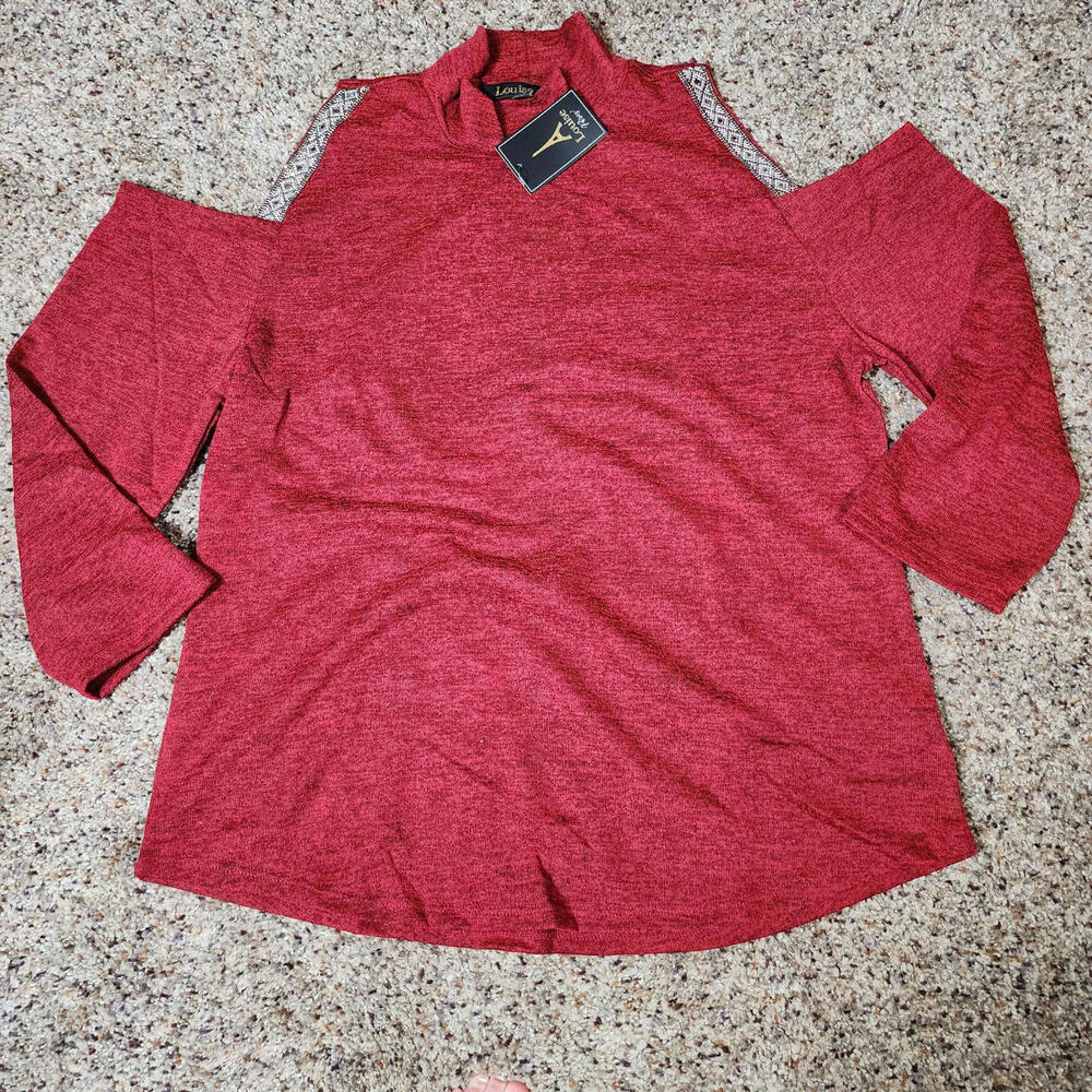 LOUIS PARIS Womens L Pullover Red Sweater Soft Top Shoulderless Sparkle